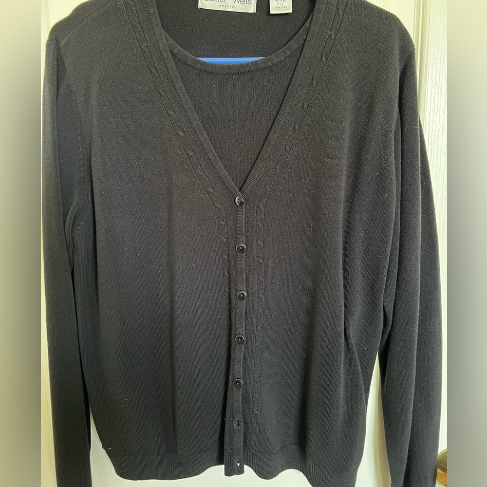 Women’s black, long sleeve sweater. Size petite large